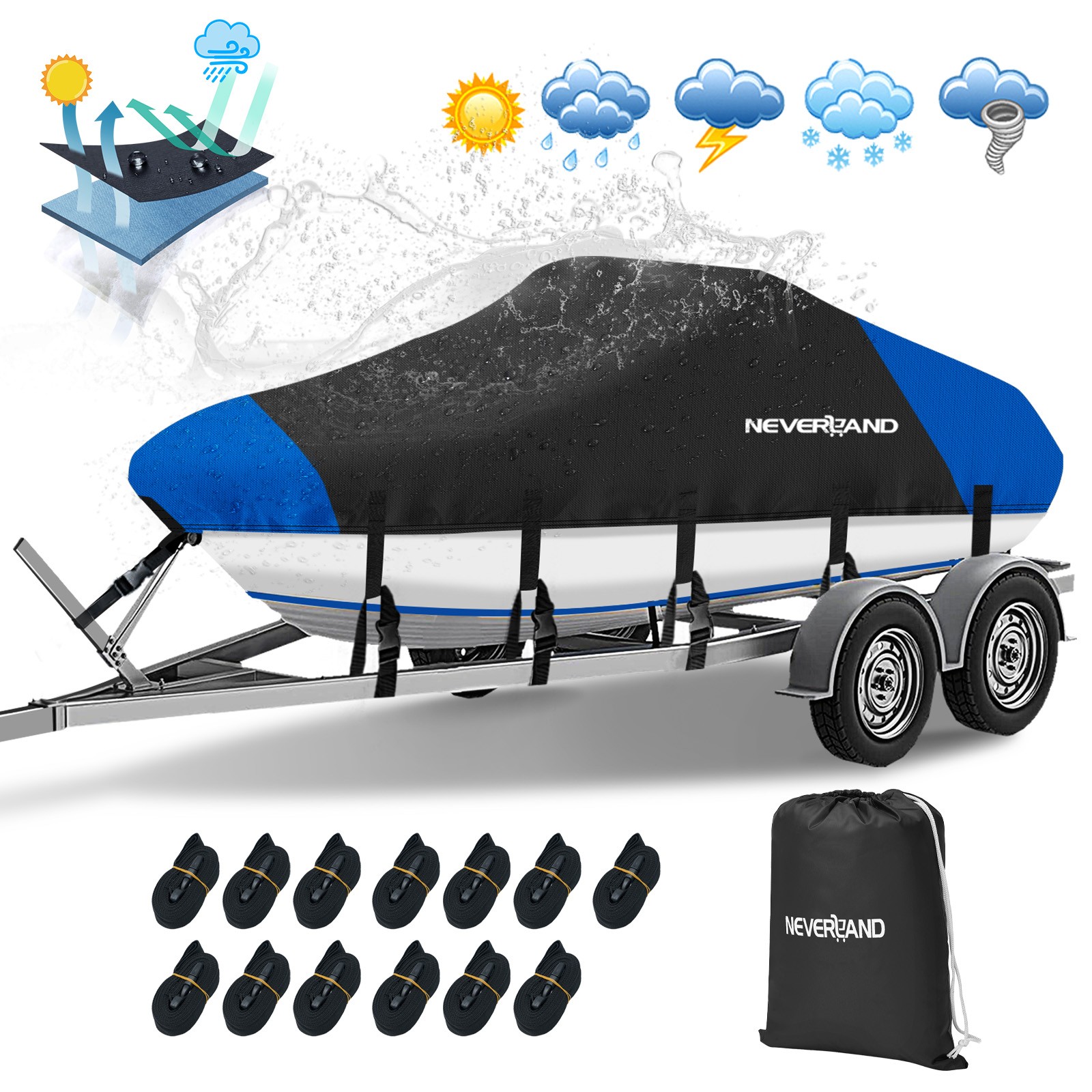 17ft 18ft 19ft Trailerable Waterproof Boat Cover 210D V-Hull Fit up to 102" Beam