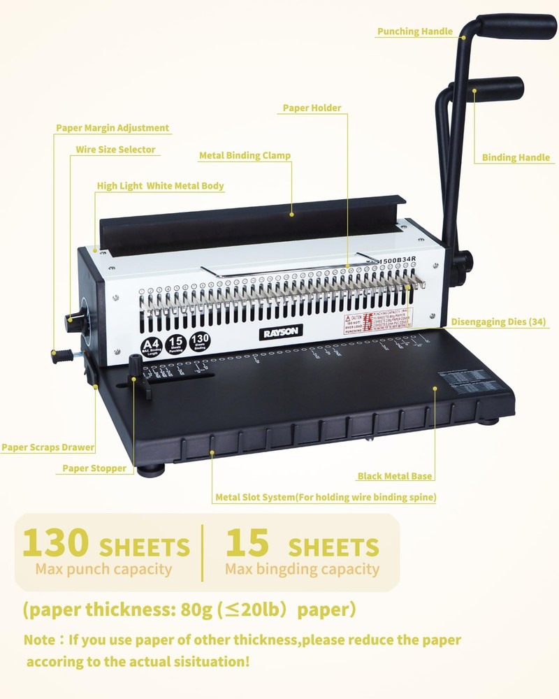 Binding Machine with Round Holes, 3:1 Pitch, Binds 15 Sheets, 130 Capacity