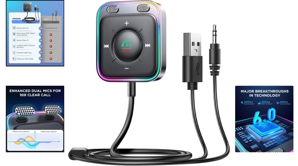 Smart Bluetooth AUX Adapter with Multifunction Button & LED - 2 Device Support