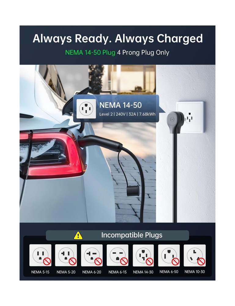 Raylix 32A Level 2 Fast Charger for Tesla, Adjustable Current, Delay Charge, ...