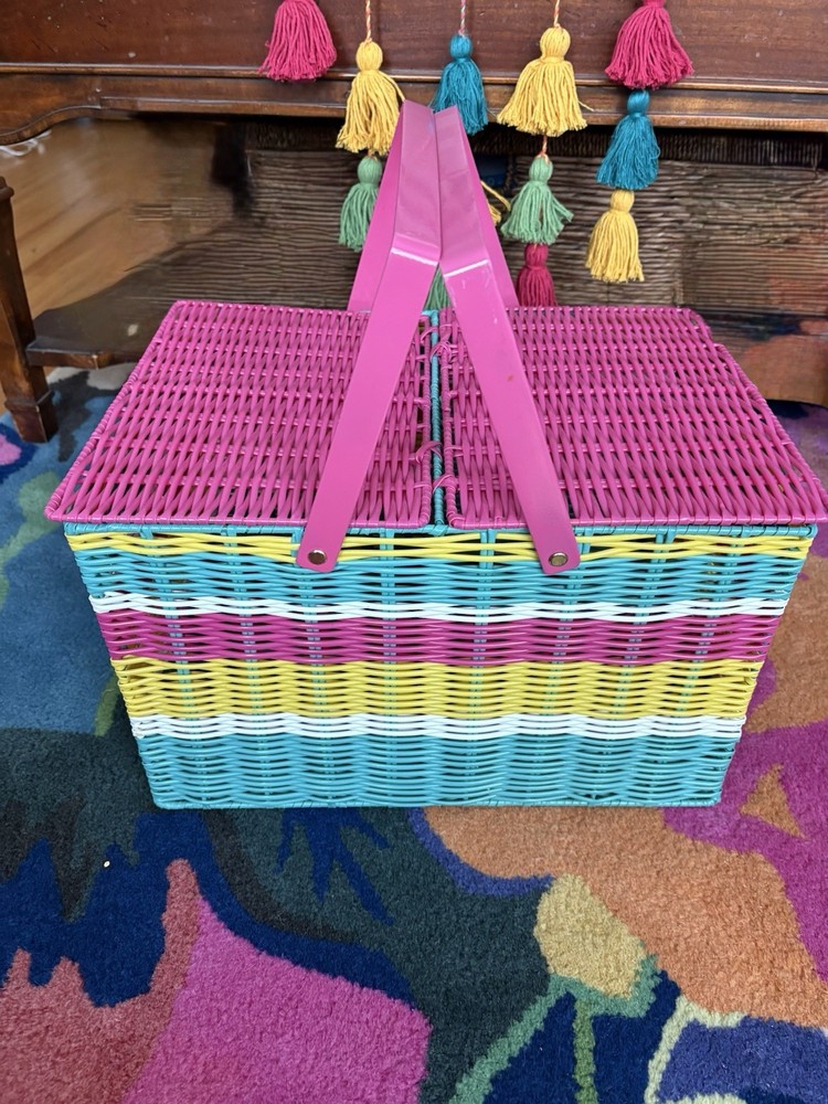 Rainbow Colors Picnic Basket Woven Plastic Weave