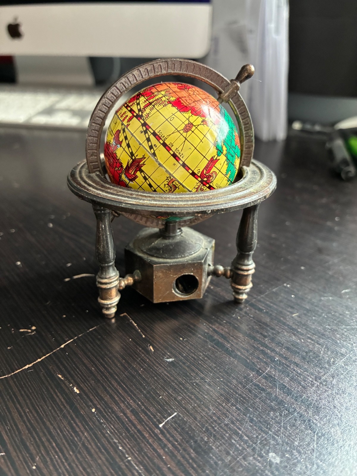 Vintage Metal Die-Cast Pencil Sharpener w/Miniature Replica Spinning Globe