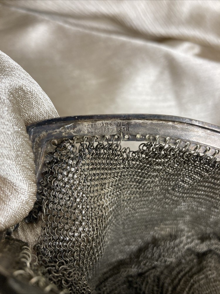 Antique German Silver Mesh Evening Bag W Intricate Scrollwork