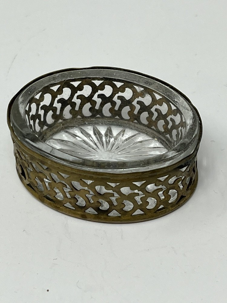 Vintage Open Salt Cellar Dip Dish Openwork Metal Work With Glass Insert Oval