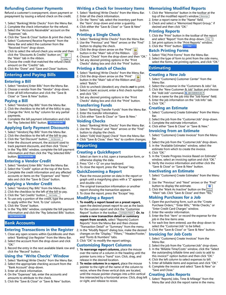 QuickBooks Pro 2023 Training Guide Quick Reference Card 4 Page Cheat Sheet