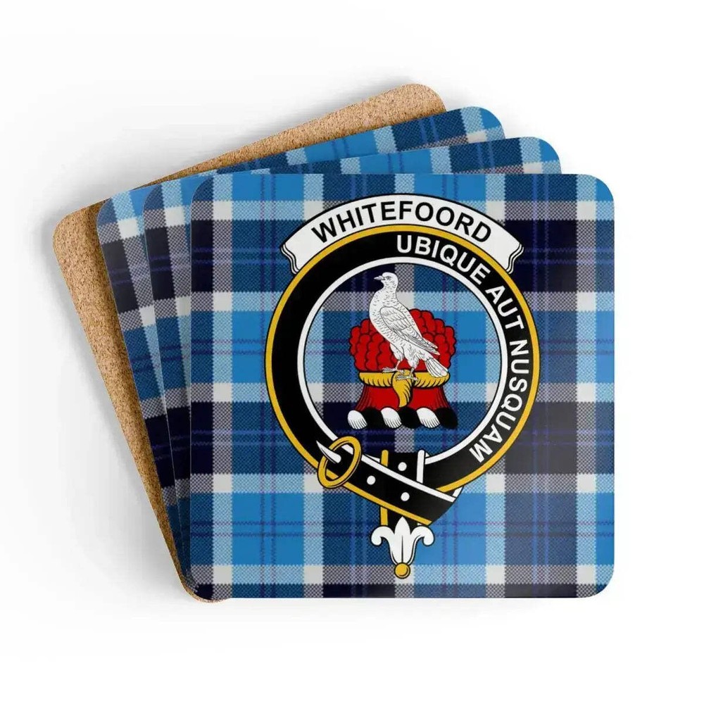 Whitefoord Clan Crest Scottish Tartan Coaster Set