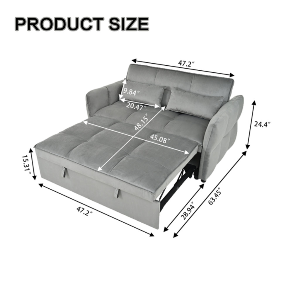 Gray/Black Pull Out Sofa Bed 3-in-1 Sleeper Sofa Convertible Couch with Pillows