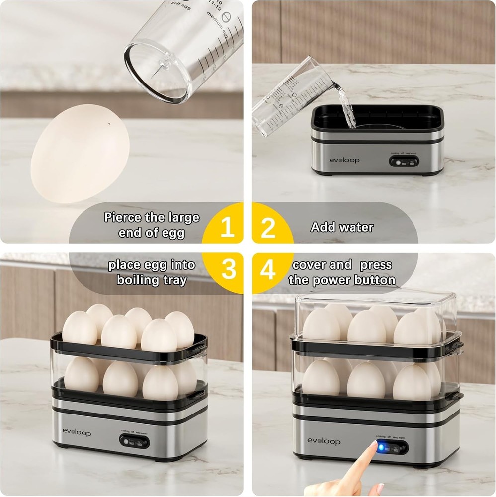 12-Egg Electric Cooker, Soft/Medium/Hard Boiled Egg Maker, Poaching & Omelet Tra