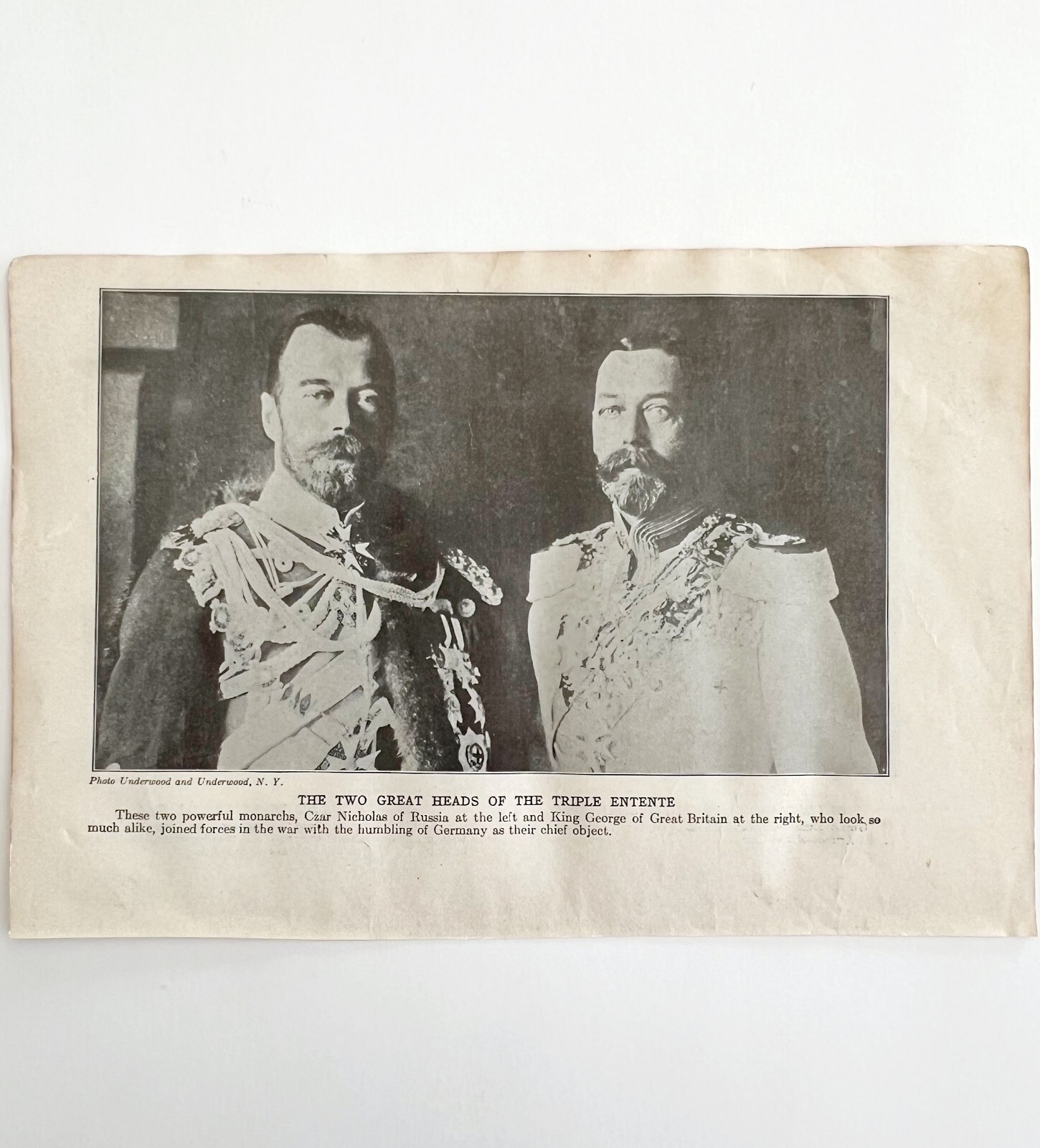 1914 King George Czar Nicholas Triple Entente WW1 Print Antique Military War