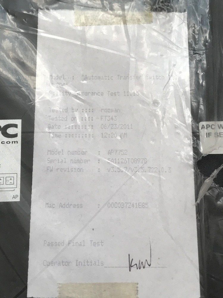 APC AP7752 Automatic Transfer Switch Rackmountable