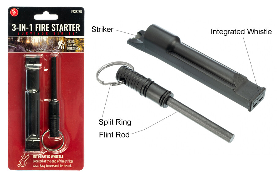 3-IN-1 Flint Rod Fire Starter Striker Integrated Whistle & Split Ring BLACK