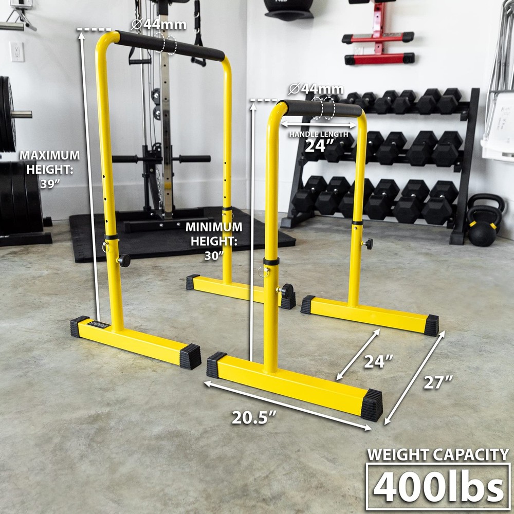 Dip Bar Yellow. Adjustable Dip Station from 30” – 39” for Dips, Inverted Pull...