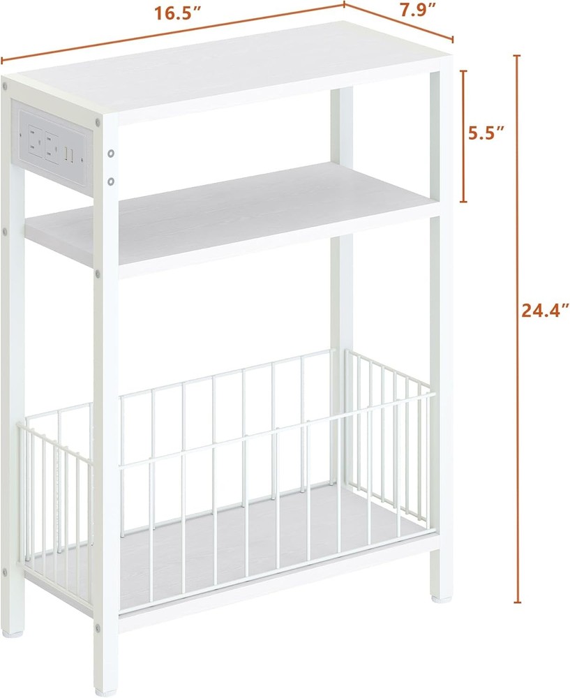 Narrow Side Table W/ Charging Station Small End Table Small Spaces Slim