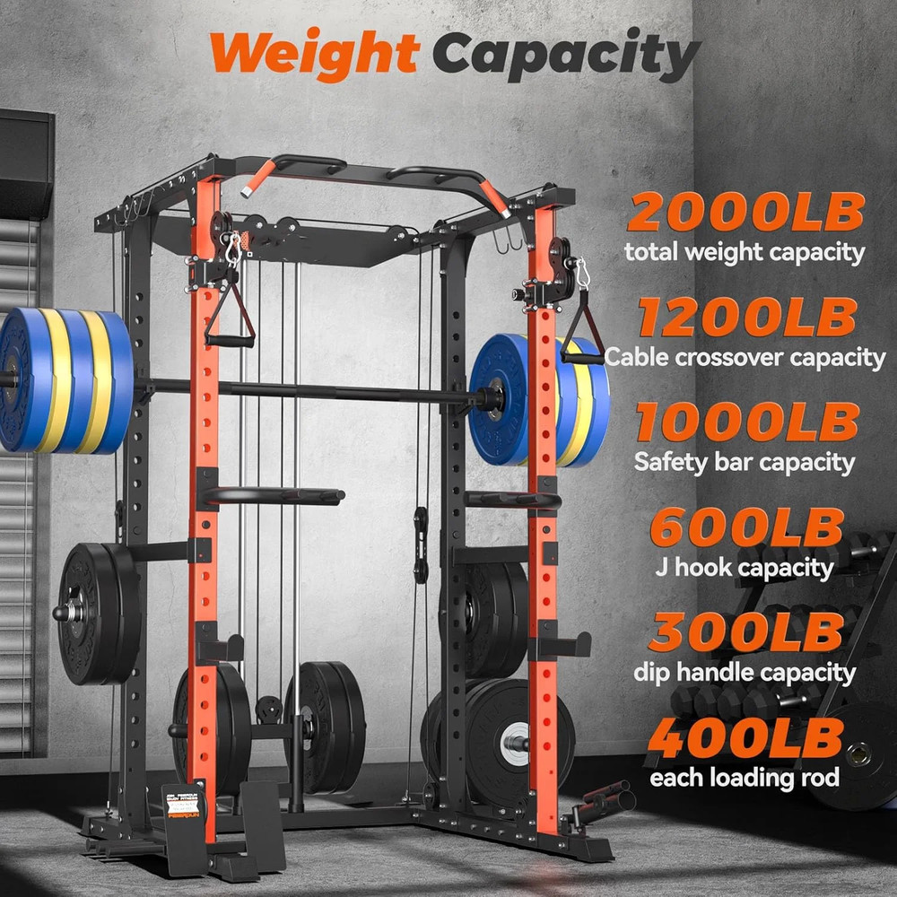 Squat Rack Power Cage 2000LB Cap, Cable Crossover Barbell Weight Set Orange