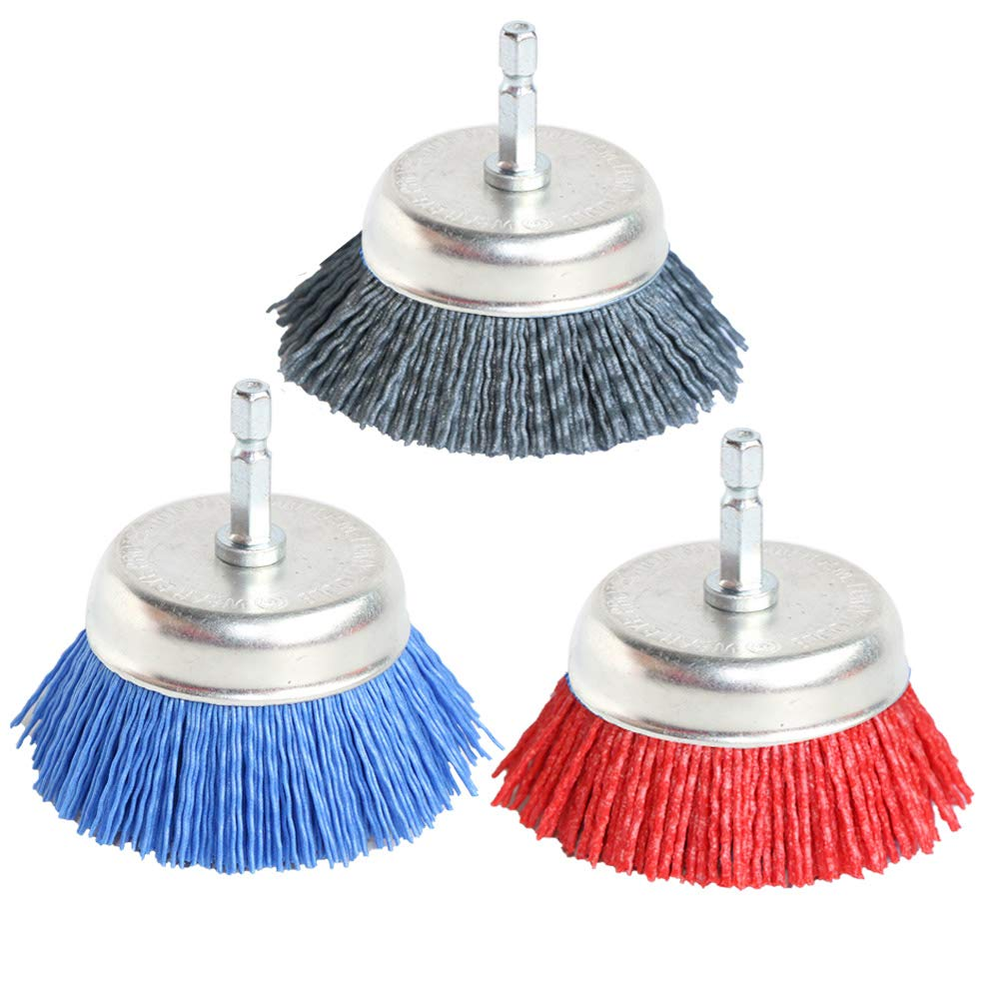FPPO 3Pcs 3 Inch Assorted Cup Brushes Abrasive Wire Nylon Cup Brush for Drill,Gr