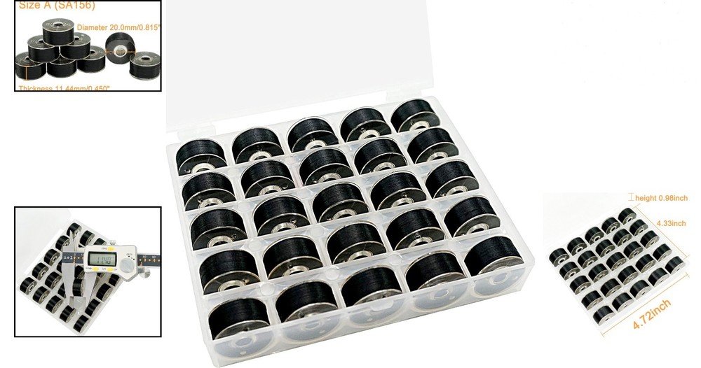 25pcs Black Polyester Prewound Bobbin Threads for Embroidery Sewing Machines ...