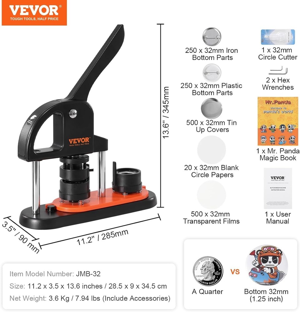 Button Maker Machine - Complete DIY Kit with Panda Magic Book, 1.25'' Size, B...