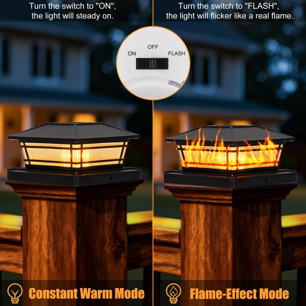 8 Pack Solar Flame Post Cap Lights, Flickering Flame & Warm Light Fence Post ...