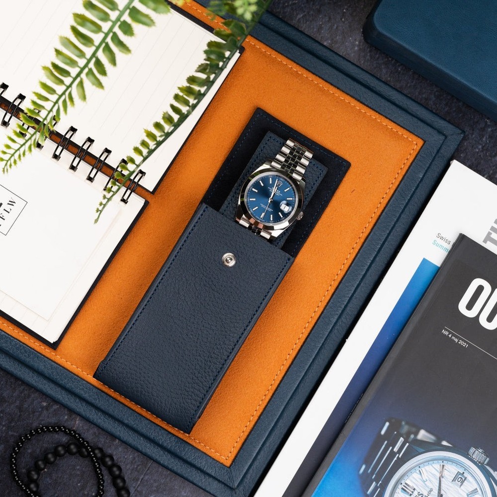 Navy Leather Watch Pouch with Suede Lining