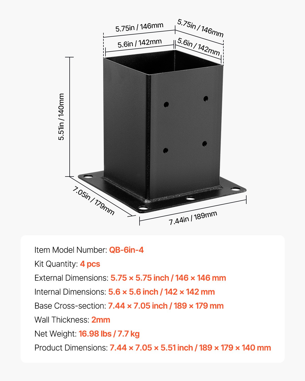 VEVOR 4 Pack 6x6 Post Base Brackets Inner Size 5.6x5.6 in Wood Fence Post Anchor