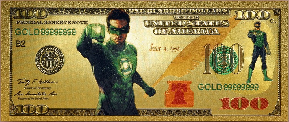 $100 Green Lantern DC Comics Novelty 24K Gold Foil Plated Note Bill XX042