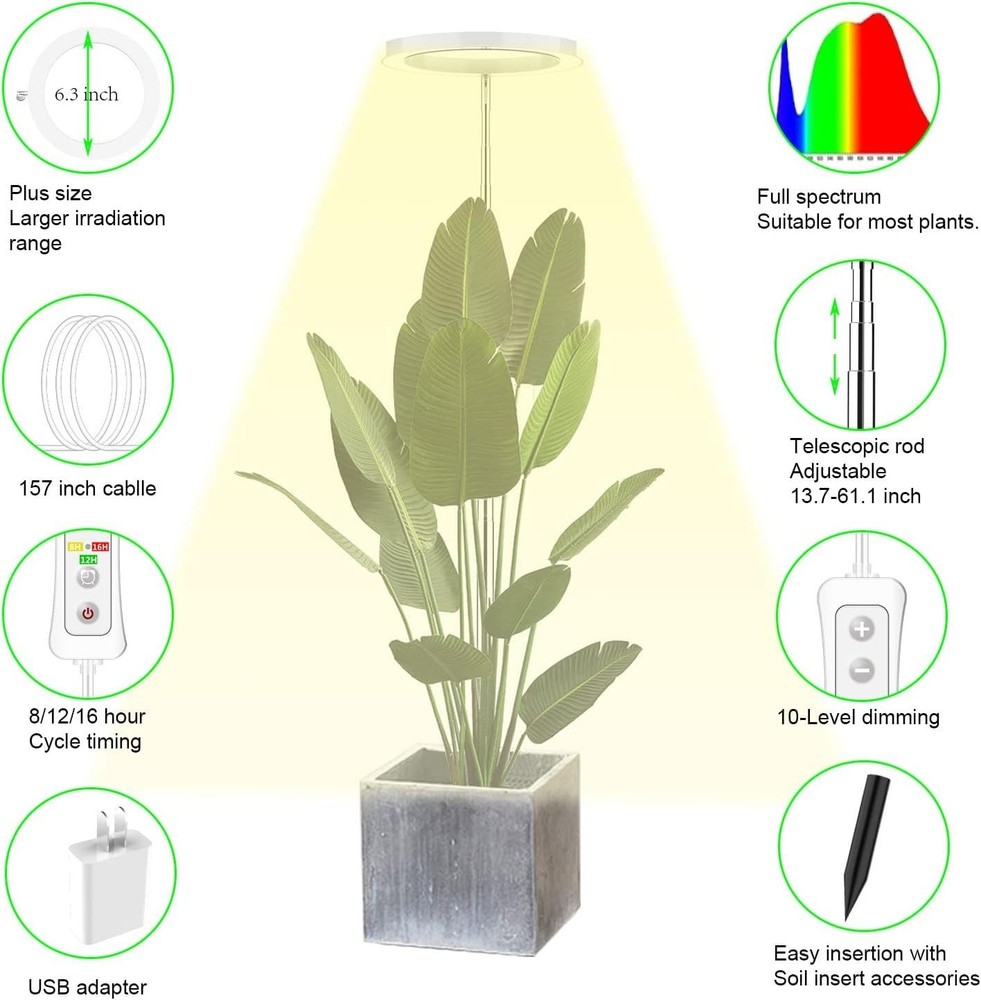 Height Adjustable Indoor Plant Grow Light with Timer - Dimmable LED 2 Pack