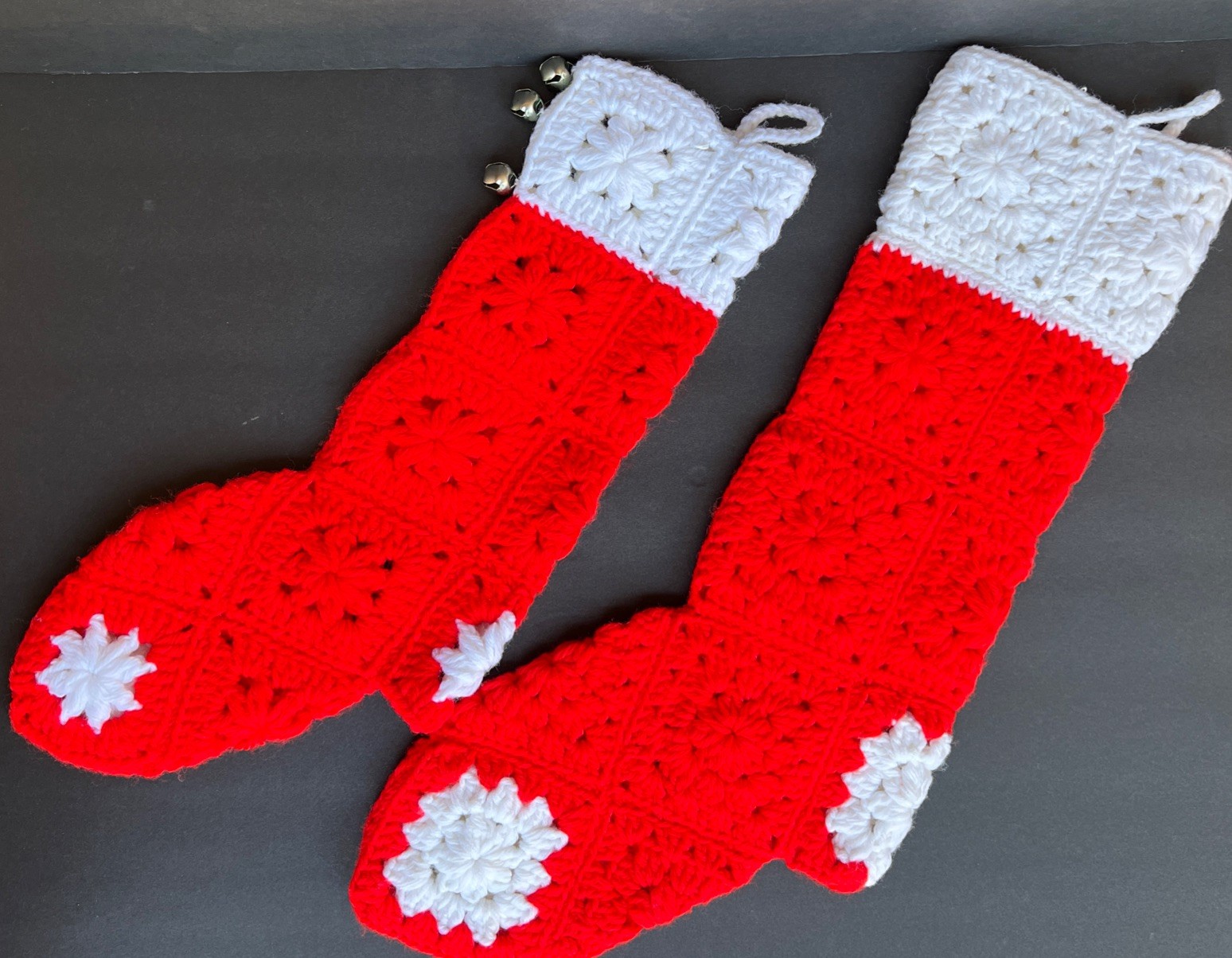VTG Crochet Christmas Stockings Pair Red White Granny Squares Handmade 21” & 17”