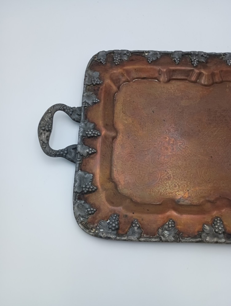Antique Copper Handled Serving Tray Grapevine