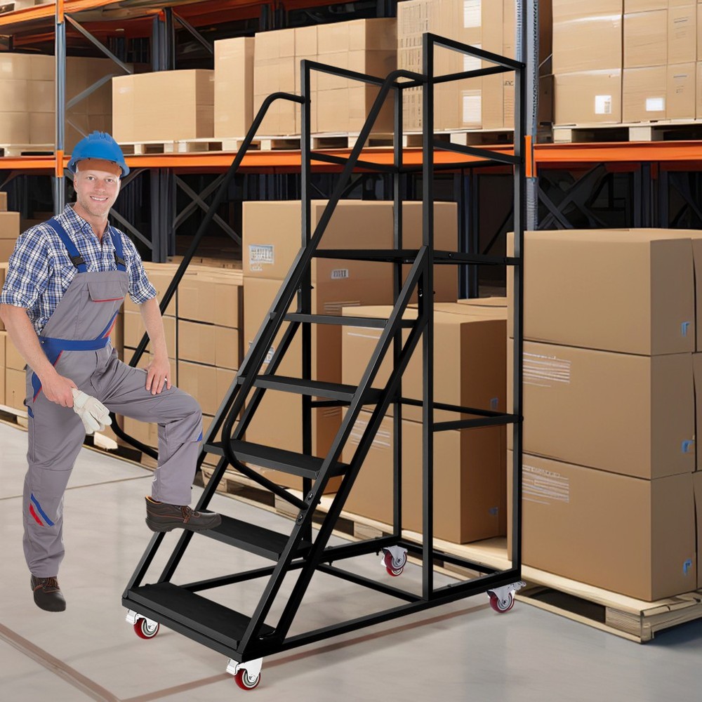 Rolling Ladder 6-Step Warehouse Ladder Platform Height 27.5" w/ Lockable Wheels