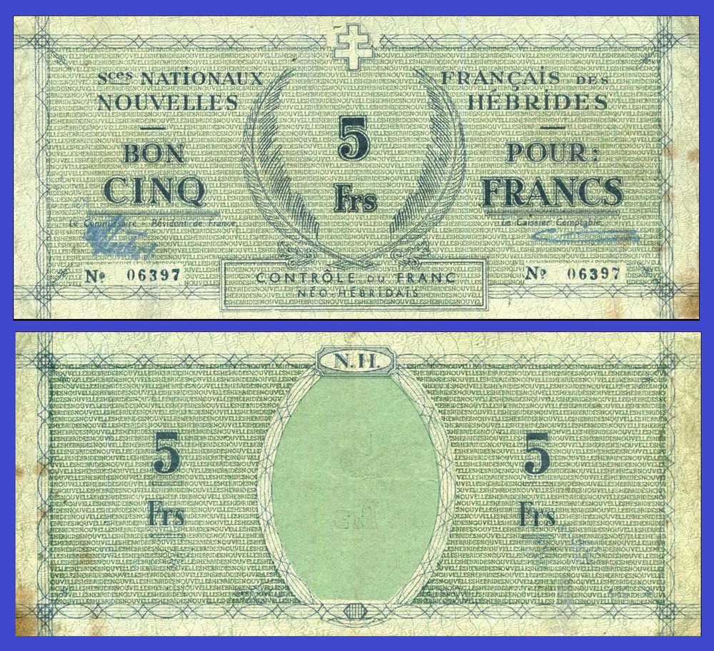 New Hibrides  5 francs 1943 /- Copy