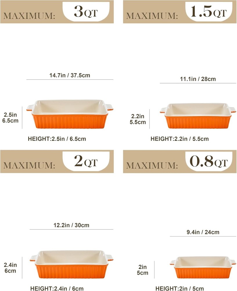Bakeware Set of 4 Ceramic Baking Pans Rectangular Oven Safe Casserole Dish