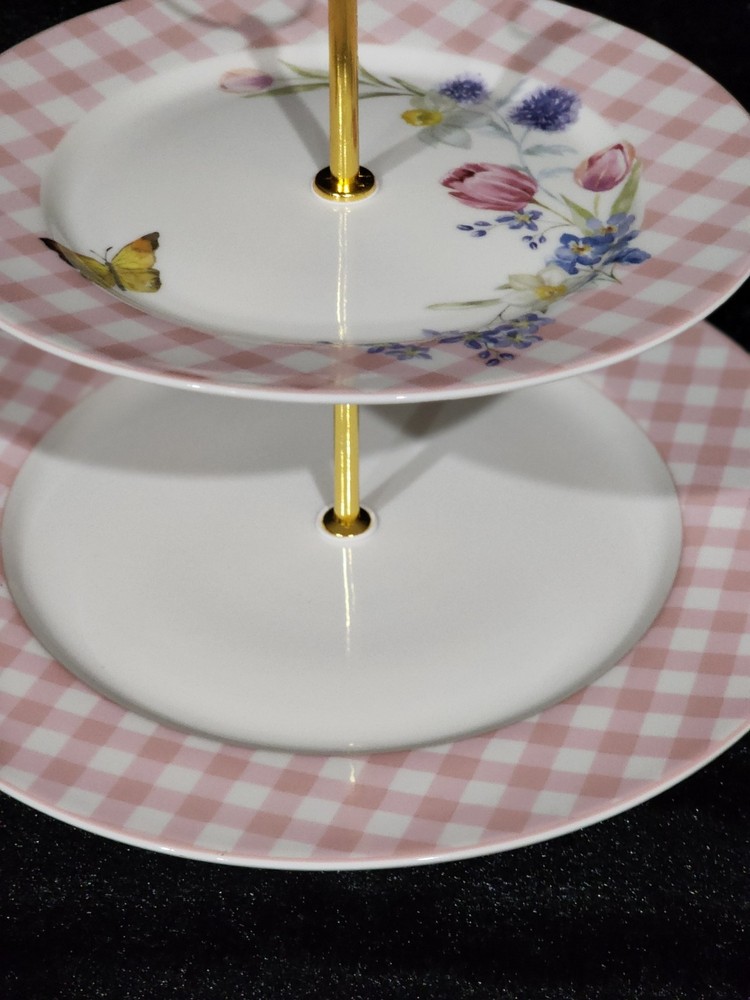 3pc Easter Bunny Pink Gingham 2-Tier Serving Tray Cookie Stand & 2 Salad Plates