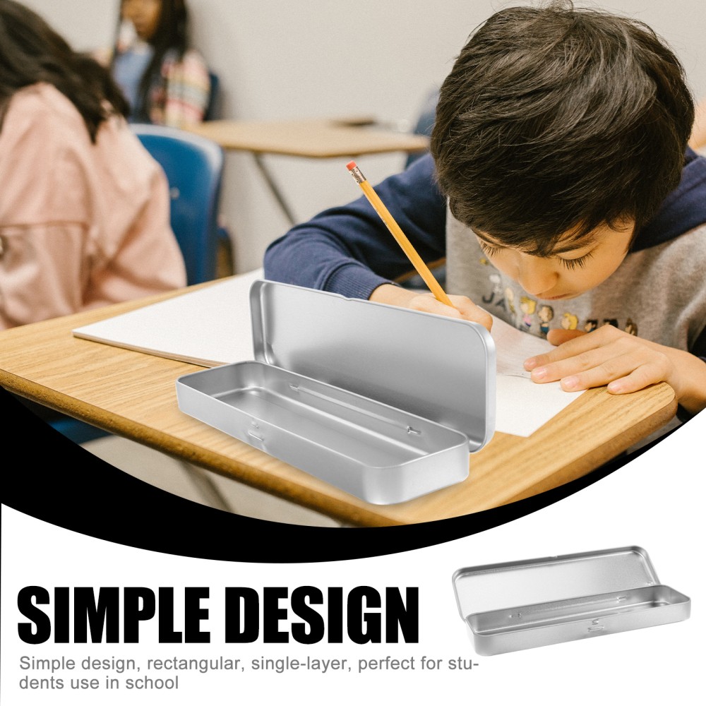 Pencil Case Rectangular Hinged Tin Box Silver Pens Office for Kids