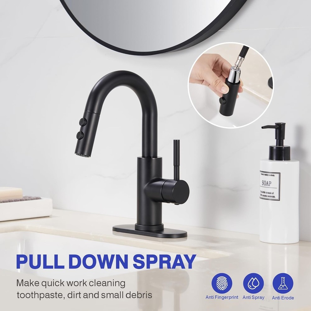 Bathroom Sink Faucet W/ Pull Down Sprayer Matte Black Single Handle Pull Out