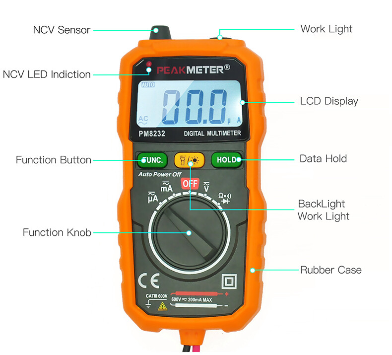 PEAKMETER PM8232 Mini Digital Multimeter Auto NCV AC DC Current Ohm Diode Test