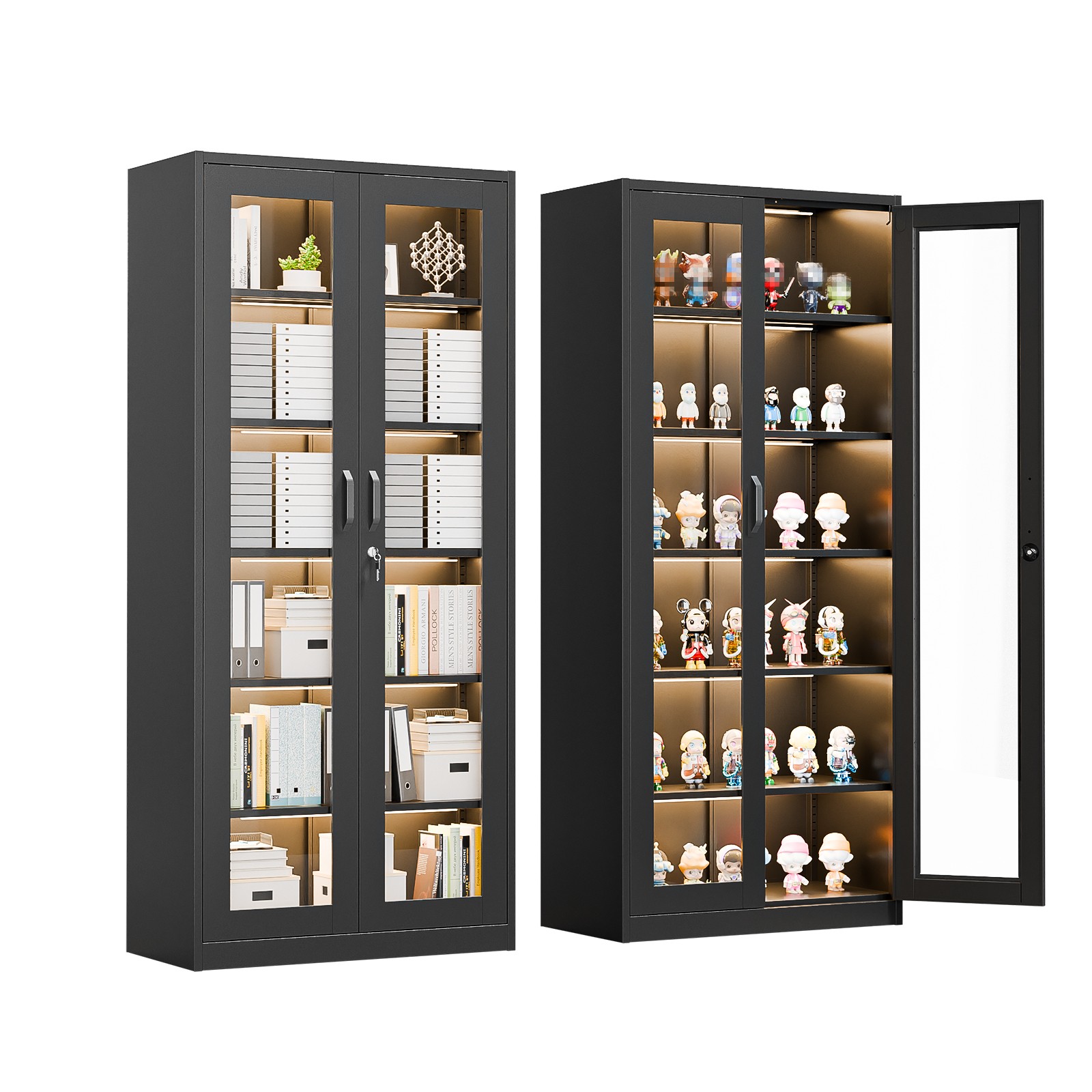 71" Tall Lockable Display Cabinet with Glass Doors & 5 Adjustable Shelves Black