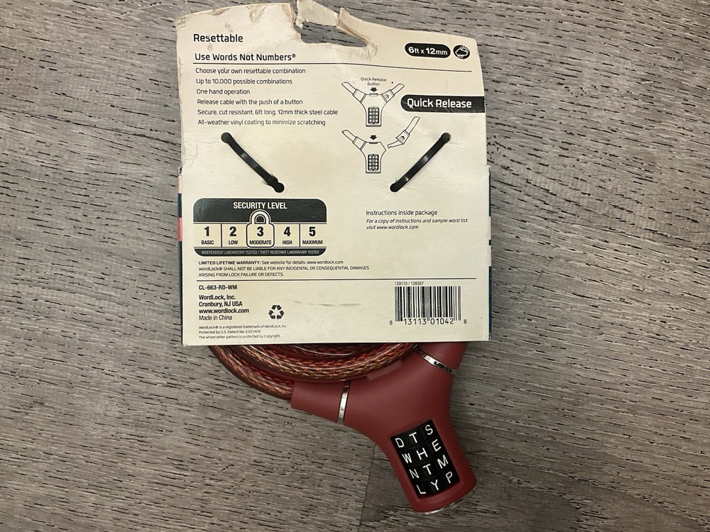 Wordlock Combination Lock Secures Bicycles & More Original Packaging 6 Ft Red