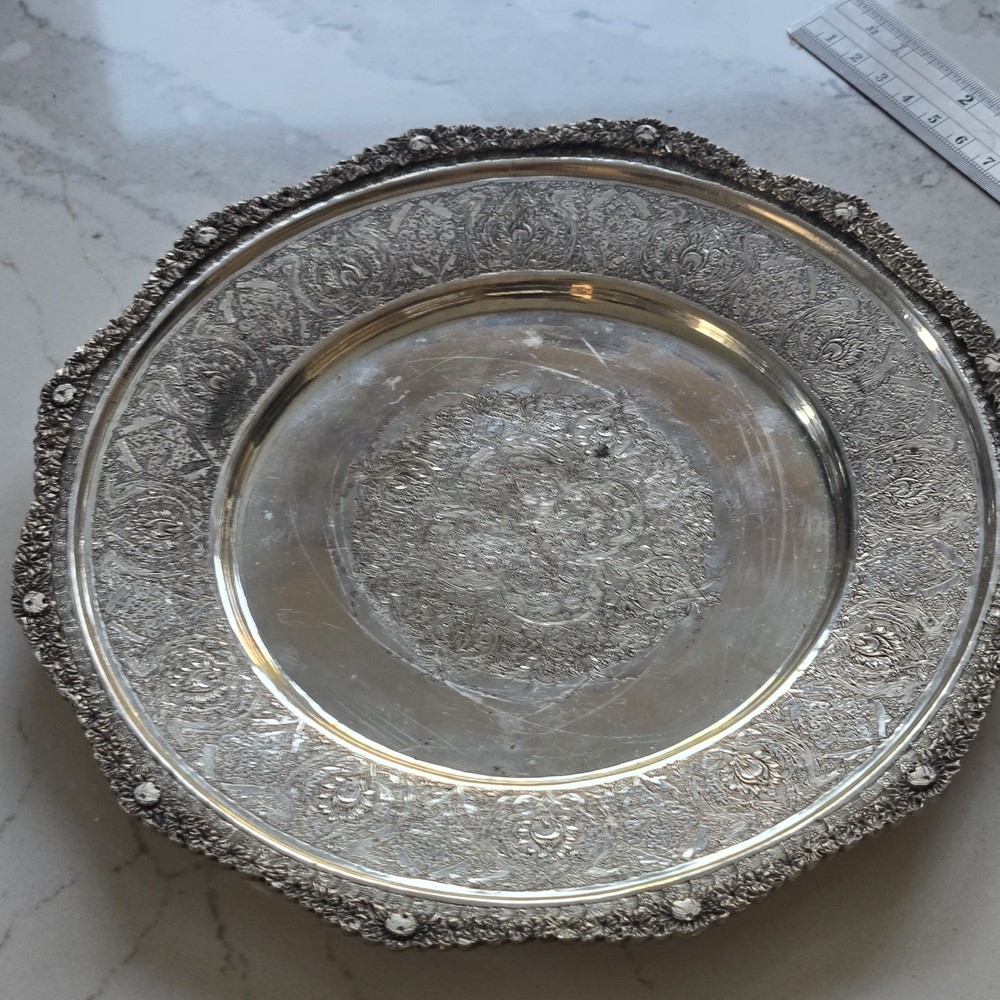 EXCEPTIONAL GENUINE ANTIQUE MIDDLE EASTERN SILVER ROUND TRAY DISH