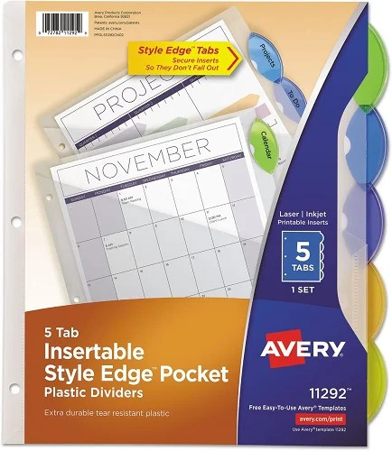 Avery® Style Edge Insertable Dividers with Pockets, Multicolor, Pack of 5