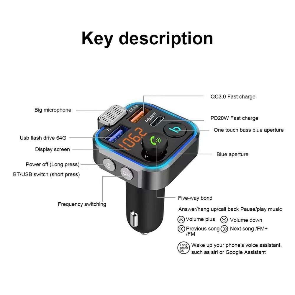 Bluetooth 5.0 Car Wireless FM Transmitter Adapter USB PD Charger AUX Hands-Free