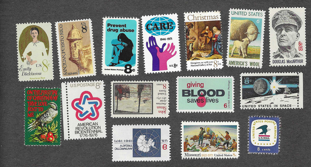 1971 US PARTIAL COMMEMORATIVE YEAR SET 15 STAMPS MNH