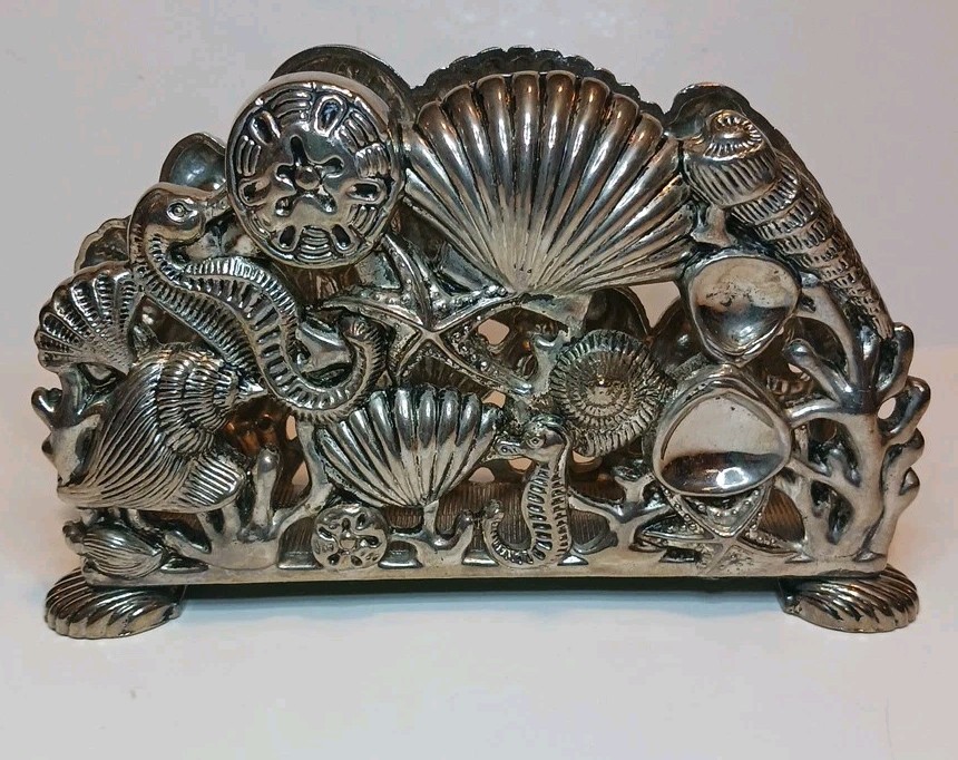 Vtg 1994 Godinger Silver Co Silver Seashell Seahorse Ocean Napkin Letter Holder