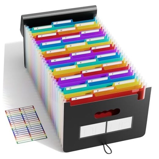 26-Pocket Expanding File Folder, Large Capacity Document Organizer 3 Tab Black