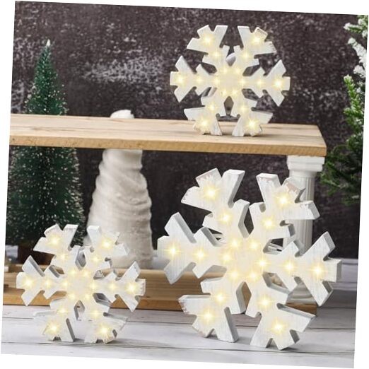 3 Pcs Christmas Winter Snowflake Table Signs LED White Standing Rustic Style
