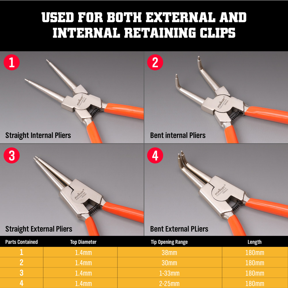 Portable 7" Internal External Retaining Clips Snap Ring Circlip Pliers 4pcs Set