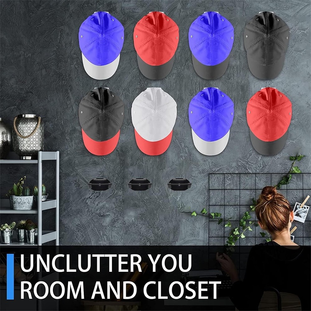 24 Pack Adhesive Hat Hooks for Wall，Hat Rack Baseball Caps, Black