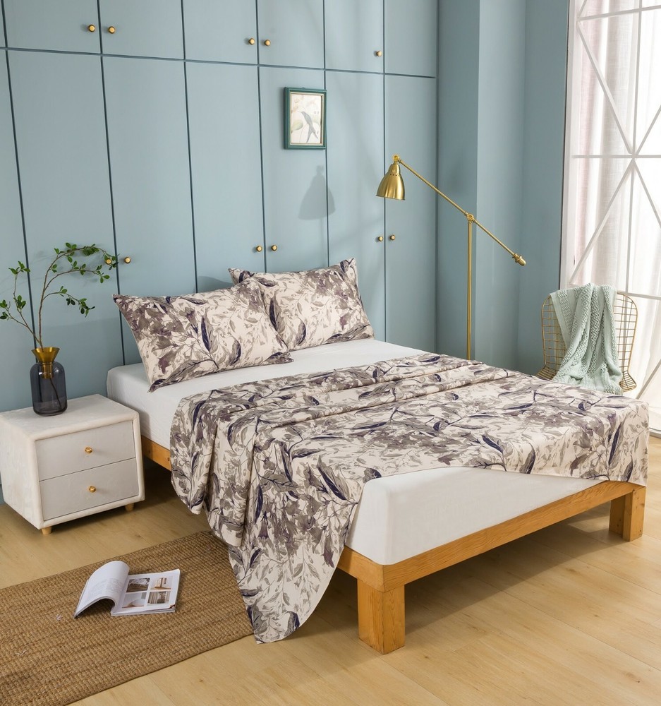 Tache Microfiber Abstract Wispy Leaf Taupe Grey Print Pattern Flat Sheet only