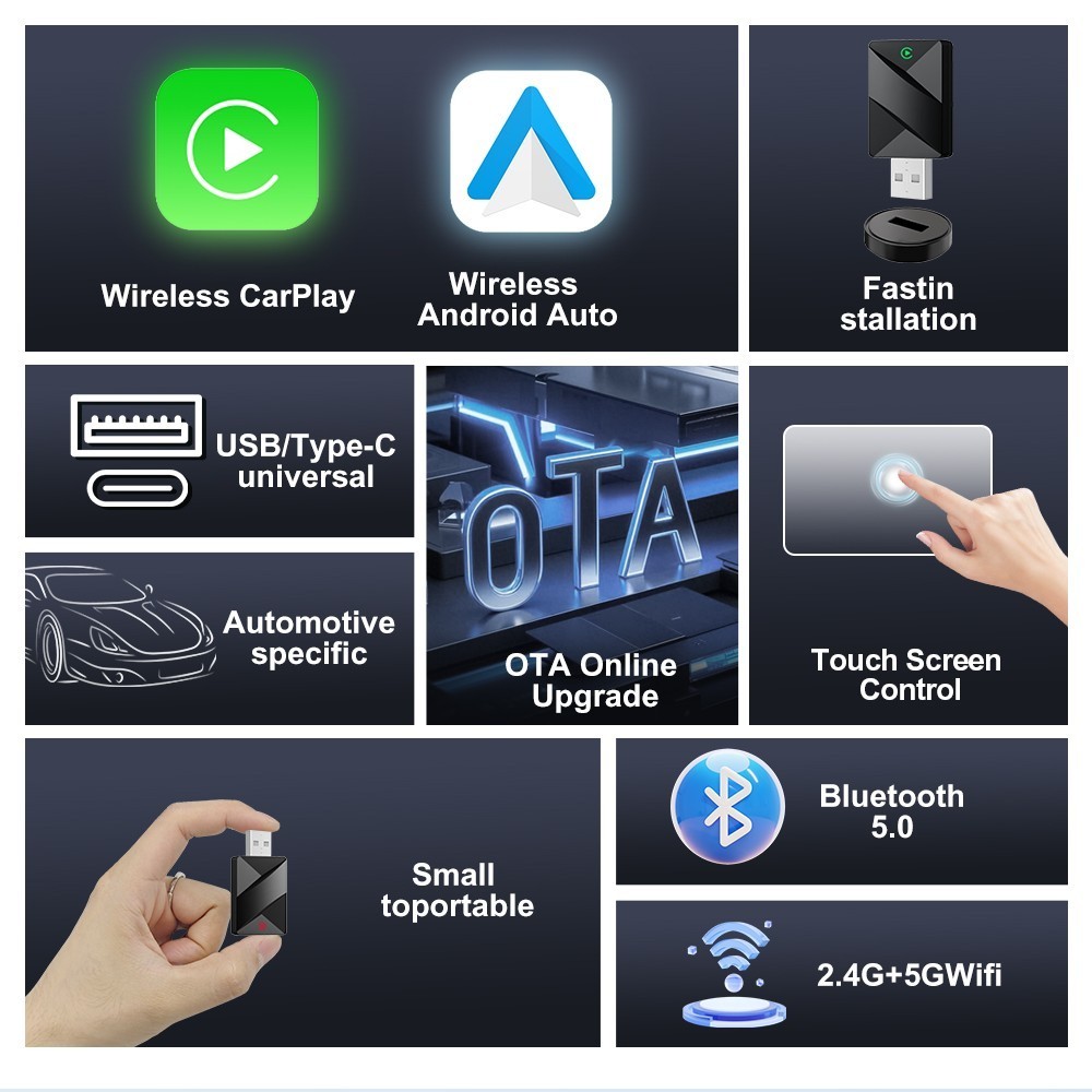 USB Wireless CarPlay Adapter for Apple iPhone & Android Auto Dongle Plug ＆ Play
