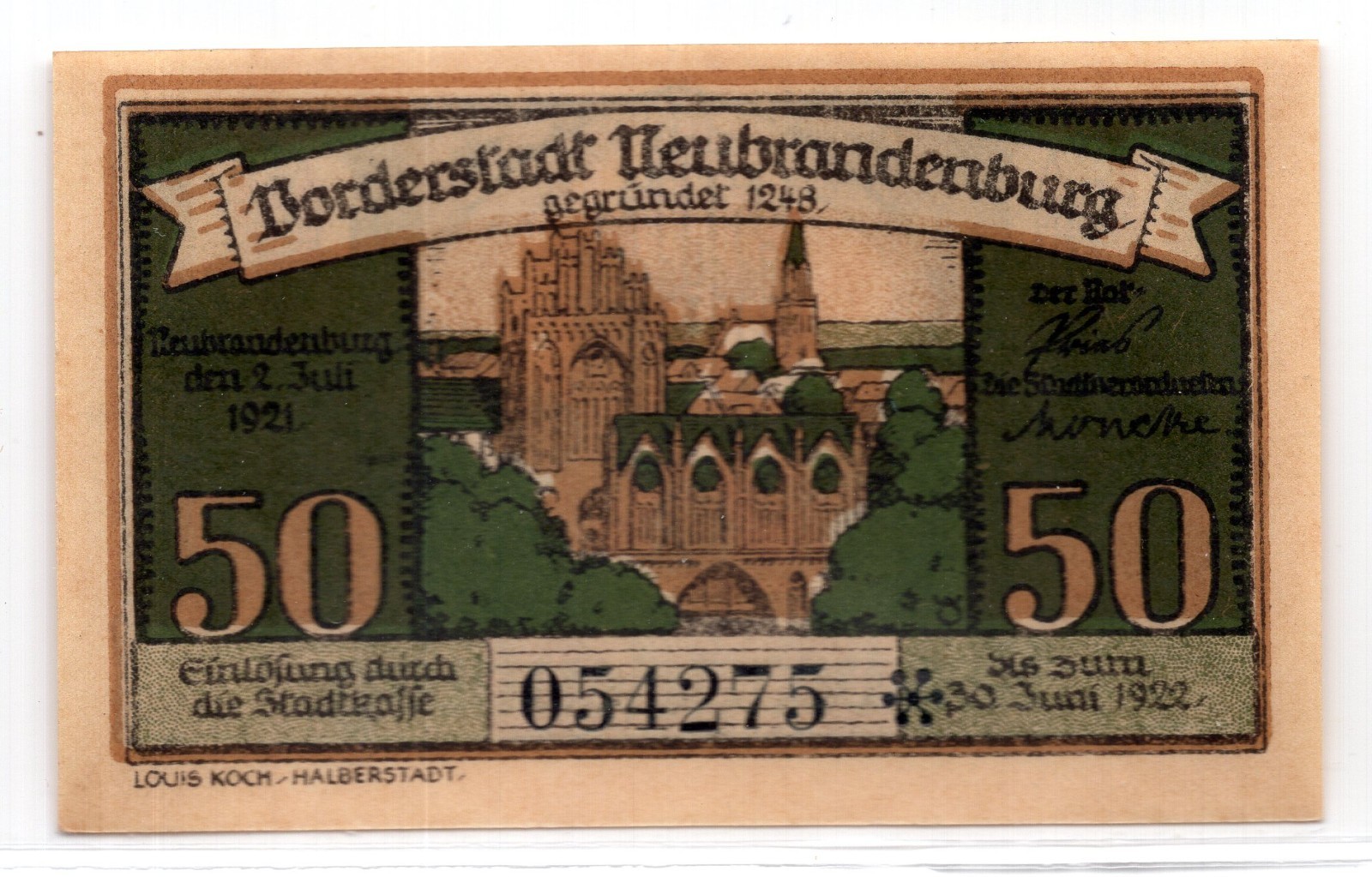 1922 Germany Neubrandenburg Notgeld 50 Pfennig Note (3960)