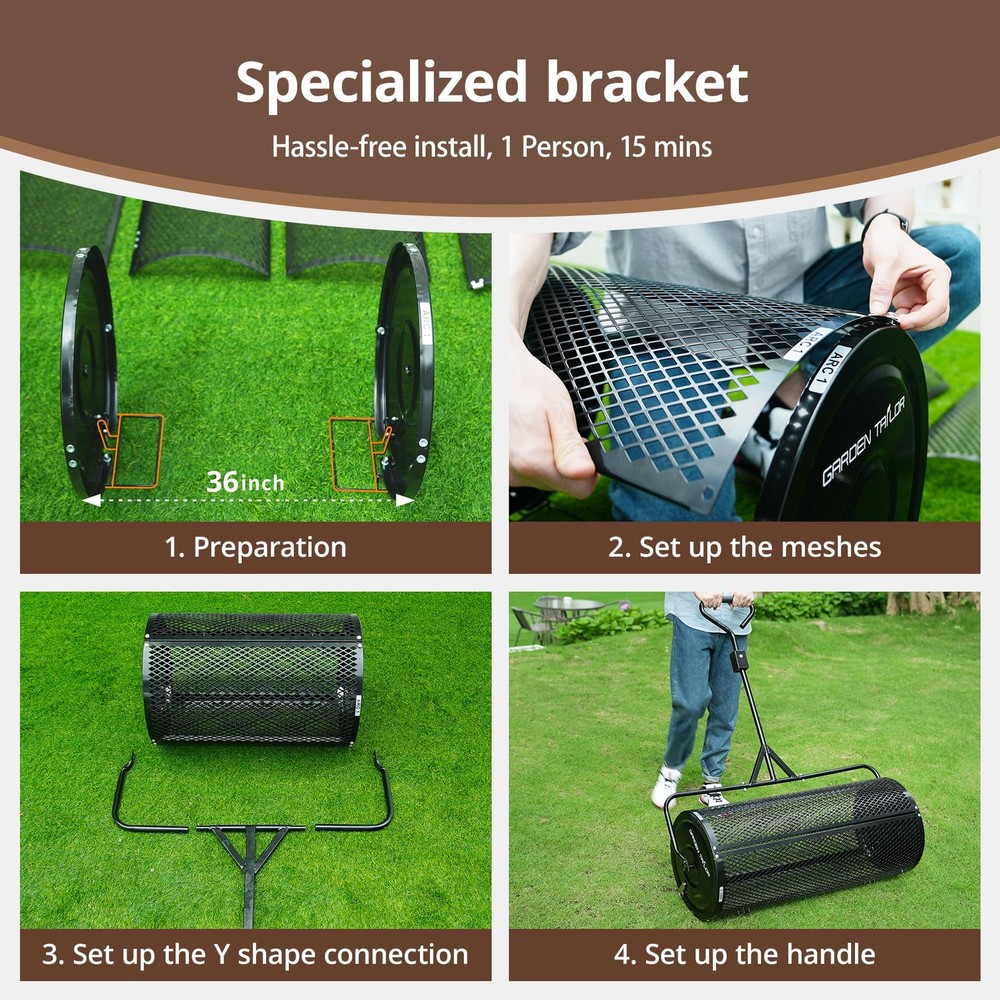 Compost Spreader 36 Inch Towable Peat Moss Spreader with Installation Support Ac